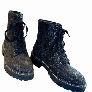 Black Sparkle Combat Boots by Sugar Size 7.5 Lace Up Side Zip